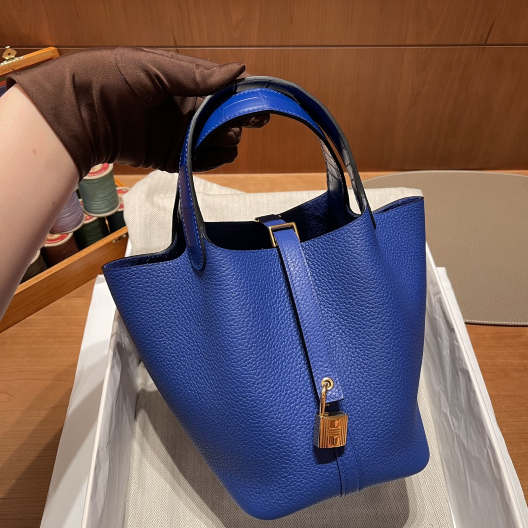 에르메스 피코탄 락18 블루 금장 끌레망스 악어가죽 핸들